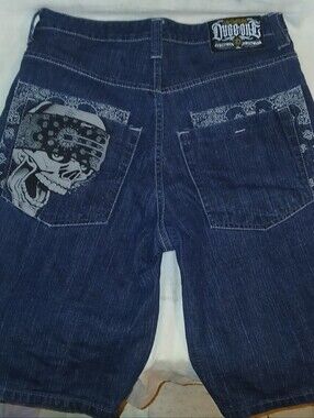 2000's Dyse One Men's Mediun Wash Blue Denim Jorts w/ Bandana And Skull Accents